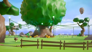 Fantasy 3D low poly enchanted grove with massive tree, fairy lights and wooden fence