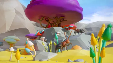 Fantasy 3D low poly desert scene with giant ant creature, colorful mushrooms and mountain backdrop