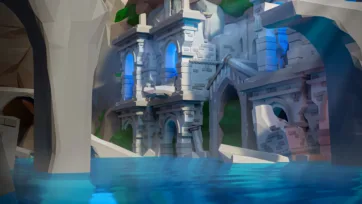 Fantasy 3D low poly flooded ancient ruins with stone arches and crystal clear water