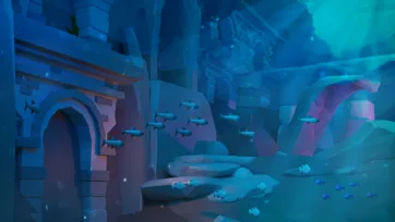 Fantasy 3D low poly underwater ancient temple with blue atmospheric lighting and sea life