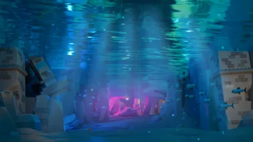 Fantasy 3D low poly underwater ruins scene with sunken treasure, fish and mysterious depths