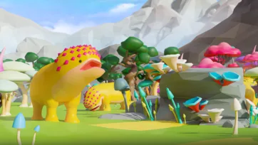 Fantasy 3D low poly prehistoric landscape with yellow dinosaur, colorful mushrooms and mountain terrain