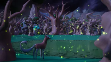 Fantasy 3D low poly dark enchanted forest scene with magical deer and glowing fireflies