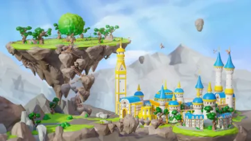 Fantasy 3D low poly floating island with ornate castle, lighthouse tower and mountain landscape