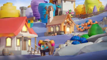 Fantasy 3D low poly winter village with magical bull creature, colorful houses and snowy terrain