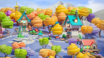 Fantasy 3D low poly autumn village scene with colorful stylized trees, houses and mountain backdrop