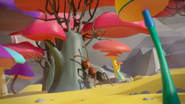 Fantasy 3D low poly scene with giant ant character in magical mushroom forest with vibrant colors
