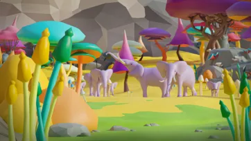Fantasy 3D low poly underground scene with magical elephants, colorful mushrooms and crystal formations