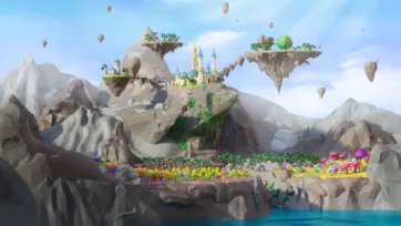 Fantasy 3D low poly cliff-top castle with floating islands, waterfalls and magical landscape