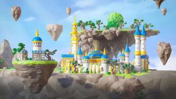 Fantasy 3D low poly floating castle with multiple platforms, towers and suspended rock formations