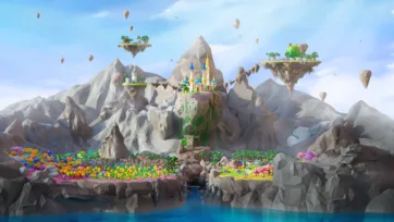 Fantasy 3D low poly mountain castle with floating islands, waterfalls and colorful vegetation