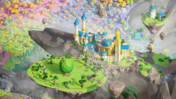 Fantasy 3D low poly grand castle complex with multiple towers surrounded by floating rock formations