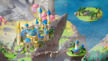 Fantasy 3D low poly coastal castle scene with floating green island and ocean view