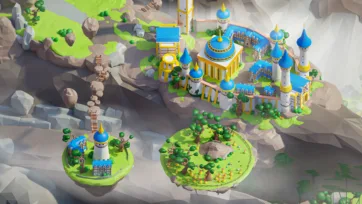 Fantasy 3D low poly mountain castle with blue domed towers and floating stone platforms