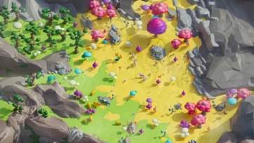 Fantasy 3D low poly desert oasis with giant mushrooms, magical creatures and vibrant landscape