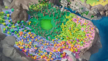 Fantasy 3D low poly enchanted island with colorful fruit trees, pond and medieval ruins