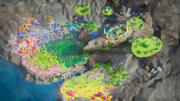 Fantasy 3D low poly magical valley with ornate castle, stone bridge and floating islands