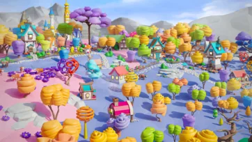 Fantasy 3D low poly winter village with colorful stylized trees, houses and snowy landscape