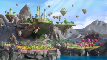 Fantasy 3D low poly scene with floating islands, medieval castle, colorful trees and magical landscape
