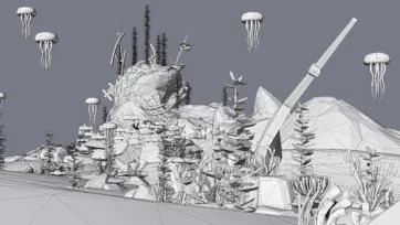 Wireframe view of complete underwater world scene showing low poly shipwrecks, jellyfish, coral formations, and marine vegetation in 3D development stage