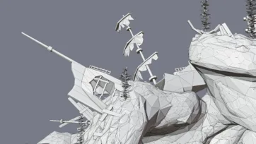 Low poly 3D shipwreck wireframe model showing polygonal structure with seaweed, flags, and detailed geometric construction for underwater scene development