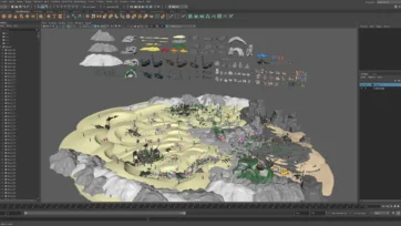 Maya 3D software workspace featuring underwater world scene with low poly assets, shipwrecks, coral reefs, and marine life in professional modeling environment