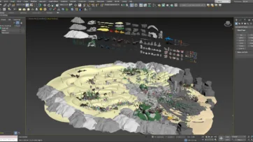 3ds Max scene editor showing underwater world with comprehensive asset collection, shipwrecks, coral formations, and marine ecosystem in professional 3D software interface