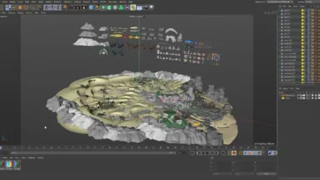 Cinema 4D workspace displaying 3D underwater scene with low poly assets, shipwrecks, coral reefs, and marine life elements in professional 3D modeling environment