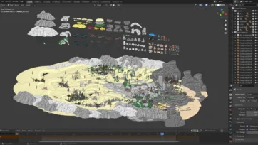 Blender 3D software viewport showing underwater world scene development with asset library, shipwrecks, coral formations, and complete marine ecosystem in development environment