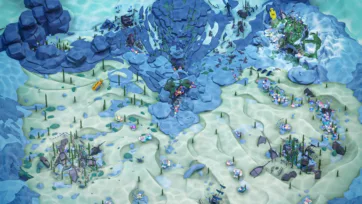 3D low poly underwater crater scene with multiple shipwrecks, coral formations, marine vegetation, fish schools, and diverse ocean floor ecosystem