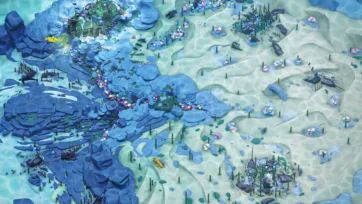 Aerial view of 3D low poly underwater world showing shipwreck sites, coral reef formations, marine life, and comprehensive ocean floor ecosystem