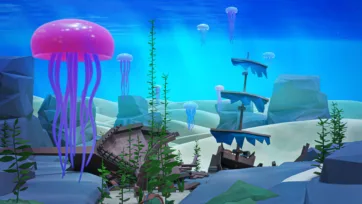 3D low poly ocean floor scene with yellow submarine, sea turtle, coral formations, jellyfish, shipwreck debris, and marine vegetation