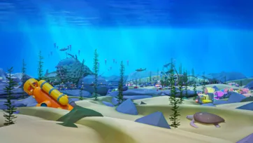 3D low poly underwater scene featuring giant pink jellyfish, shipwreck remains, smaller jellyfish, seaweed, and marine debris on ocean floor