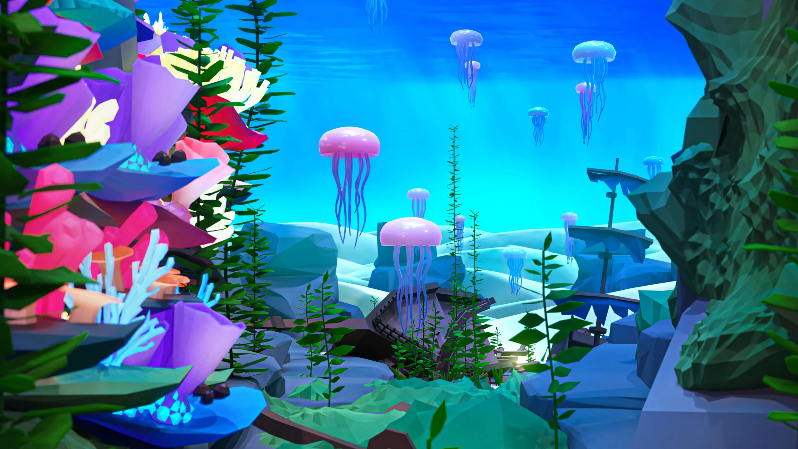 3D low poly underwater cave scene with swimming sharks, vibrant coral formations, tropical fish, jellyfish, and diverse marine plant life