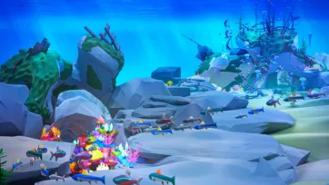 3D low poly yellow submarine exploring underwater environment with coral formations, tropical fish, sea turtle, jellyfish, and marine vegetation