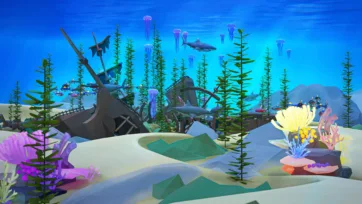 3D low poly coral reef scene with swimming shark, jellyfish, colorful corals, dense seaweed forest, and diverse underwater plant life