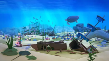 Wide 3D low poly underwater landscape with multiple shipwrecks, whales, tropical fish, coral formations, and comprehensive marine ecosystem