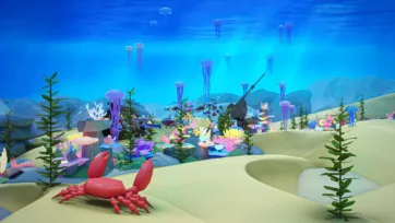 3D low poly ocean floor scene featuring red lobster, colorful coral reef patches, floating jellyfish, seaweed, and shipwreck debris