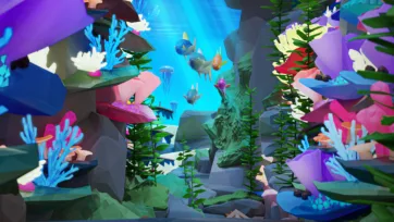 Vibrant 3D low poly underwater cave with colorful tropical fish, coral formations, sea plants, jellyfish, and diverse marine life in rocky cavern