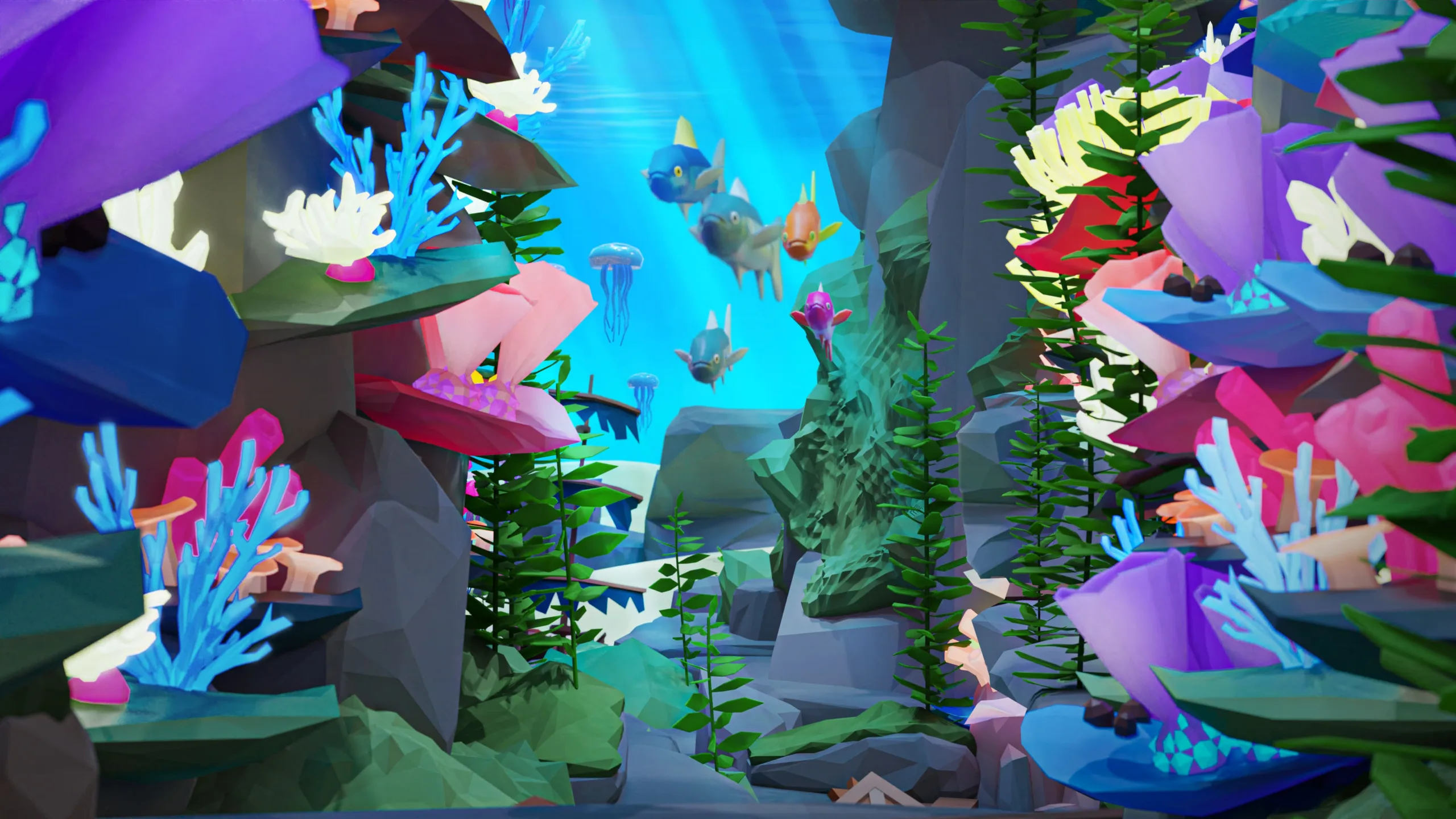 Vibrant 3D low poly underwater cave with colorful tropical fish, coral formations, sea plants, jellyfish, and diverse marine life in rocky cavern