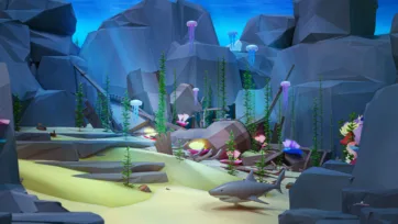 3D low poly rocky underwater canyon scene with shipwreck remains, dense seaweed forest, jellyfish, and marine debris in deep ocean environment