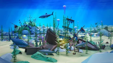 3D low poly underwater shipwreck cemetery with multiple sunken vessels, swimming sharks, jellyfish, seaweed, and coral formations on ocean floor