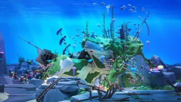 Large 3D low poly coral formation with swimming dolphins, tropical fish schools, jellyfish, and diverse marine vegetation in underwater ecosystem