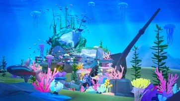 3D low poly underwater scene featuring shipwreck with coral garden growth, floating jellyfish, colorful reef fish, and seaweed in deep blue ocean