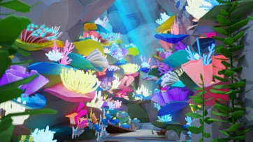 Dense 3D low poly coral reef scene with vibrant multicolored corals, sea anemones, tropical fish, and marine plants in underwater cave environment