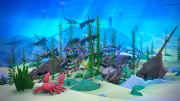 3D low poly underwater shipwreck graveyard scene with multiple sunken vessels, coral growth, seaweed, lobster, sharks, and thriving marine ecosystem