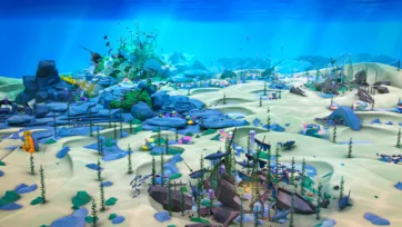 Expansive 3D low poly underwater landscape showing shipwreck remains, coral reef formations, marine vegetation, and diverse sea life across ocean floor