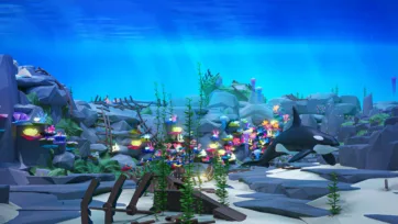 3D low poly underwater scene with orca whale swimming above vibrant coral reef ecosystem featuring colorful corals, sea plants, and diverse marine life