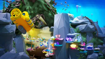 Yellow submarine exploring 3D low poly underwater cave system with colorful coral formations, marine vegetation, and tropical fish in rocky underwater environment