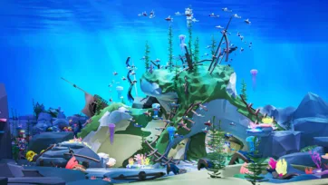 3D low poly underwater scene featuring rocky island formation with penguins, surrounding coral reef, jellyfish, and diverse marine life in arctic-tropical environment